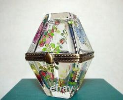 Rare Chamart Peint Main Limoges Enamel Hinged Glass Trinket Box with Butterflies