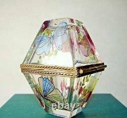 Rare Chamart Peint Main Limoges Enamel Hinged Glass Trinket Box with Butterflies
