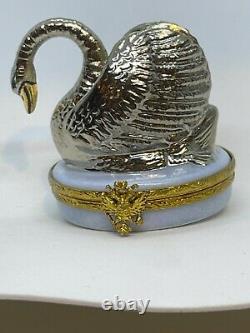 Rare Faberge Limoges France Peint Main porcelain Trinket Box Silver Swan