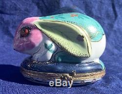 Rare Gold decorated Bunny Rabbit Limoges Trinket Box with floral painted designs