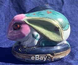 Rare Gold decorated Bunny Rabbit Limoges Trinket Box with floral painted designs