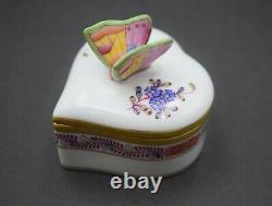 Rare! + Herend Hungary Porcelain Hand Painted Heart Trinket Box With Butterfly +