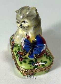 Rare Kitten/ Butterfly Limoges Peint Main Le 81/500 Jacques Trinket Box Retired
