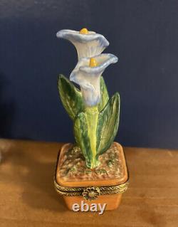 Rare LIMOGES FRANCE TRINKET BOX Blue CALLA LILY FLOWERS IN A POT 3.25