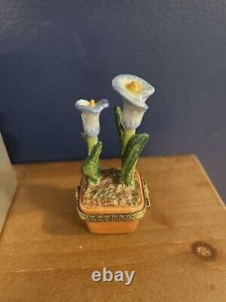 Rare LIMOGES FRANCE TRINKET BOX Blue CALLA LILY FLOWERS IN A POT 3.25