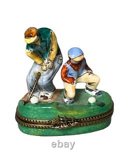 Rare LIMOGES France Peint Main Porcelain Men Playing Golf RM Trinket Box