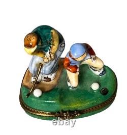 Rare LIMOGES France Peint Main Porcelain Men Playing Golf RM Trinket Box