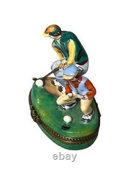 Rare LIMOGES France Peint Main Porcelain Men Playing Golf RM Trinket Box