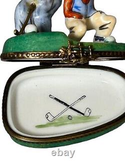 Rare LIMOGES France Peint Main Porcelain Men Playing Golf RM Trinket Box