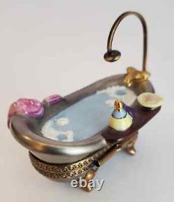 Rare Limoges Chanille Peint Main Porcelain Bathtub Trinket Pill Box FREE US SHIP
