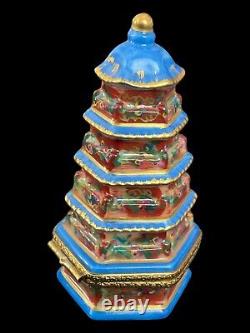 Rare Limoges France Rochard Porcelain Trinket Box Chinese Pagoda Temple