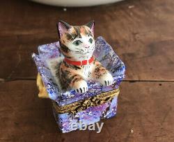 Rare Limoges France Trinket Box Elda Creations Peint Main Tiger Kitten Cat Box