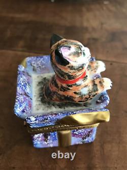 Rare Limoges France Trinket Box Elda Creations Peint Main Tiger Kitten Cat Box