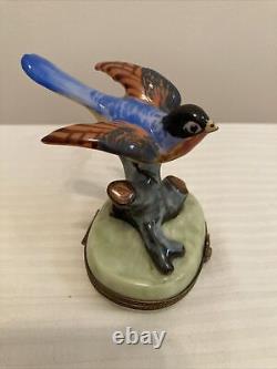 Rare Limoges Peint Main Chamart Bird On Branch Trinket Box