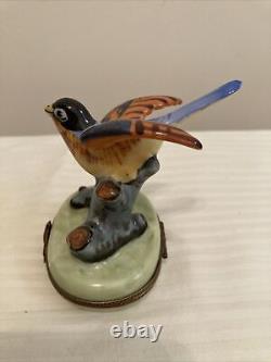 Rare Limoges Peint Main Chamart Bird On Branch Trinket Box