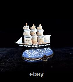 Rare Limoges Peint a Main Tall Ship Trinket Box