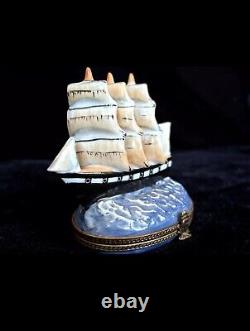 Rare Limoges Peint a Main Tall Ship Trinket Box