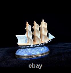 Rare Limoges Peint a Main Tall Ship Trinket Box