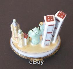 Rare Limoges Porcelain Trinket Box Hand Painted New York Twin Towers Signed Mint