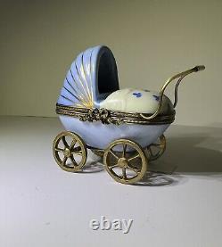 Rare Limoges Trinket Box Blue Baby Carriage And Baby Figurine With Original Tag