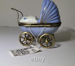 Rare Limoges Trinket Box Blue Baby Carriage And Baby Figurine With Original Tag
