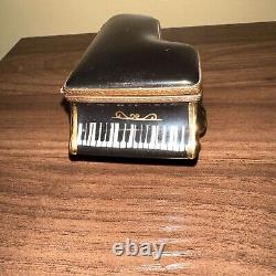 Rare Peint Main French Limoges Trinket Box Grand Piano Black w Gold & G Clef