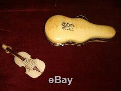 Rare Peint Main Limoges France Signed Floral Violin Case Trinket Box gold