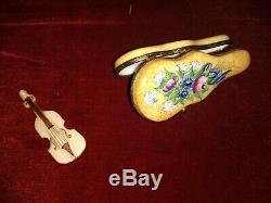 Rare Peint Main Limoges France Signed Floral Violin Case Trinket Box gold