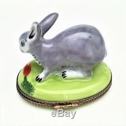 Retired Grey Bunny Rabbit Limoges Trinket Box with Carrots Signed FA