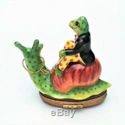Retired Hand Painted Limoges Box Frog Riding Snail with 3-D Leaf Inside