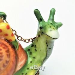 Retired Hand Painted Limoges Box Frog Riding Snail with 3-D Leaf Inside