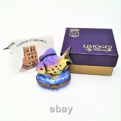 Retired Purple & Yellow Fish Limoges Trinket Box with Original Box & COA