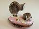 Rochard France Limoges Hinged Lid Trinket Box, Gray Tabby Cat And Her Kitten