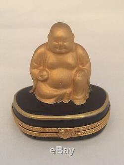 Rochard LIMOGES Golden Buddha Cobalt Blue Oval Trinket Box Miniature France