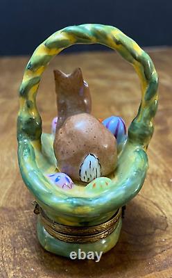 Rochard Limoges Bunny Rabbit & Eggs in Basket TRINKET BOX Peint Main France Orig