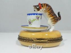 Rochard Limoges Cat Drinking Milk From A Cup Trinket Box