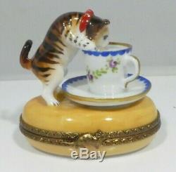 Rochard Limoges Cat Drinking Milk From A Cup Trinket Box