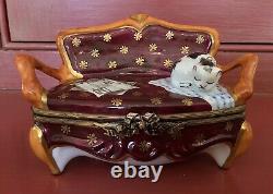 Rochard Limoges Cat Sleeping on Sofa Handpainted Trinket Box / France Large
