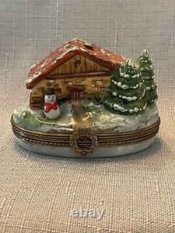 Rochard Limoges Christmas Winter Cottage with Snowman & Christmas Tree Trinket Box