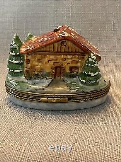 Rochard Limoges Christmas Winter Cottage with Snowman & Christmas Tree Trinket Box