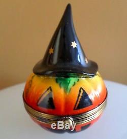 Rochard Limoges France Peint Main Halloween Pumpkin Trinket Box Witch's Hat Pill