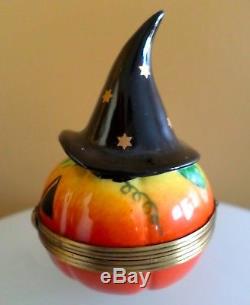 Rochard Limoges France Peint Main Halloween Pumpkin Trinket Box Witch's Hat Pill