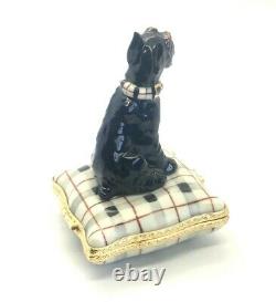 Rochard Limoges France Peint Main Schnauzer Dog on Plaid Pillow Trinket Box