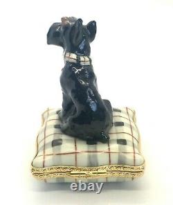 Rochard Limoges France Peint Main Schnauzer Dog on Plaid Pillow Trinket Box