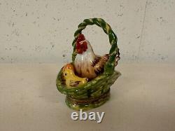 Rochard Limoges France Peint Main Trinket Box Basket with Chicken Chick & Eggs