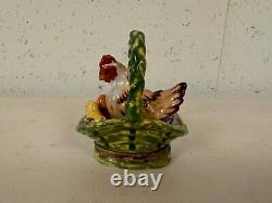 Rochard Limoges France Peint Main Trinket Box Basket with Chicken Chick & Eggs