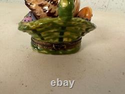 Rochard Limoges France Peint Main Trinket Box Basket with Chicken Chick & Eggs