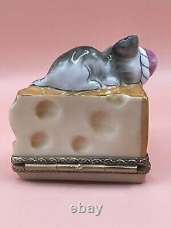 Rochard Limoges France Pient Main Mouse Sleeping on Cheese Trinket Box