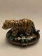 Rochard Limoges France Trinket Box Hand Painted. Tiger And Floral With Deer Clasp