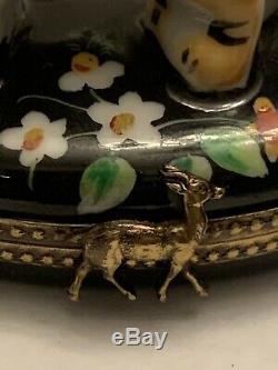 Rochard Limoges France trinket box Hand Painted. Tiger And Floral With Deer Clasp